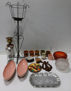 (6) Coffee Mug Cups (2) Boat Shaped Bowls (1) Antique Lamp (1) Metal Plant Stand & More