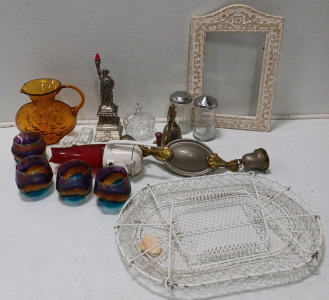 (1) Antique Ice Crusher (1) Collapsible Wire Basket (4) Art Design Cups (1) Amber Glass Vintage Pitcher & More