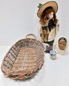 (1) Porcelain Doll (1) Vintage Marwal Bust (1) Wicker Basket (1) Jar Of Assorted Buttons