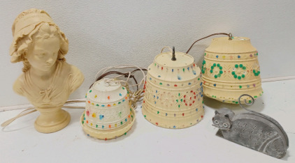 (1) Vintage French Sculpture (3) Vintage Patio Hanging Lights Powers On (1) Kitty Tealight Candle Holder