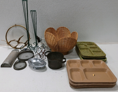 (1) Vintage Flower Wicker Light (Unable To Test) (1) Sea Gull Brass Ring (1) Antique Sifter & More