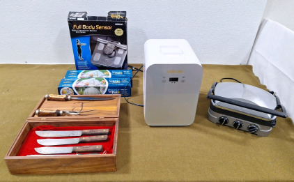 (1) Handmade 5 Piece Knife Set, (1) VOKUA Mini Fridge, (1)Cuisinart Griddler Gourmet Electric Griddle & More