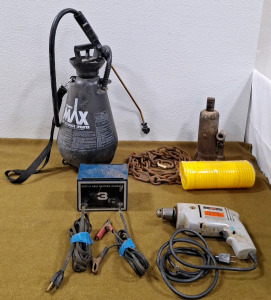 (1) Sears 12V/3A Battery Charger, (1) Skill Electric Drill, (1) DB Smith Max Lawn & Garden Sprayer & More