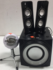 Cyber Associated Speakers (1) Bace. Speaker (2) Small Speakers (1) Blue Speaker On Stand