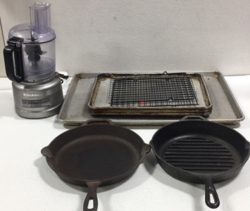 (7) Cook Wher(2) Castiron Pans (4) Cooking Sheets (1) Kitchen Aid Blinder