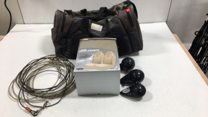 (4) Assorted. Items Braxton Seat Covers Universal .bullet Weights.Duffel Bag. Dog Leach