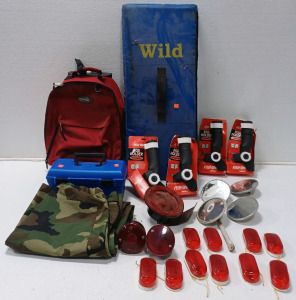 (4) Rod Holders (1) Fishing Box (1) Camo Pants (Waist 35 To 39in) (1) Roller Backback & More