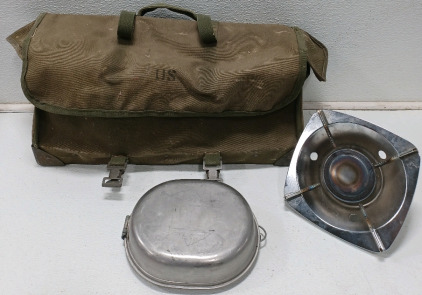(1) Vintage Trail Pack (1) Military Mess Kit (1) Single Burner Propane Stove & More