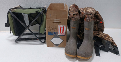 (1) Collapsible Utility Stool (1) Cabela's Dry Plus Fishing Waders (1) Box Of Assorted Nails