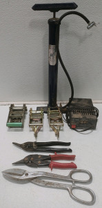 (3) Tin Snip Metal Sheers (3) Handle Rachets (1) Tire Pump (1) Power Supply