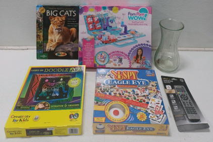 (1) Universal Remote (1) Light Up Doodle Art (1) "Eye Spy" Game (1) Girls Pom Pom Kit & More