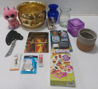(1) Brass Spitoon (1) Throwing Hatchet (2) Vases (1) Unicorn Ty Baby & More