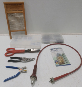 (2) Tin Snips (1) Vintage Washboard (1) Grommet Kit & More