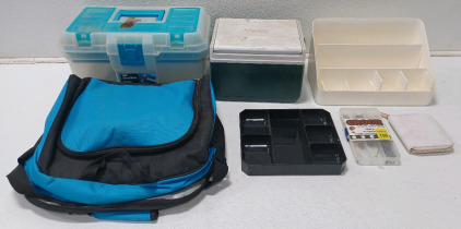 (1) Insulated Lunch Bag (1) 16" Tool Box (1) Small Coleman Ice Chest Octopus Circle Hooks & More