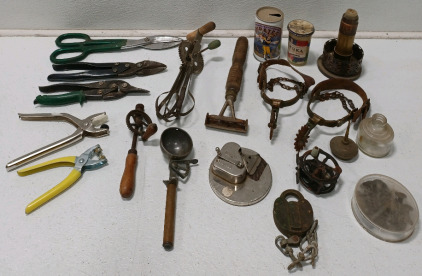 (2) Antique Horse Spurs (3) Assorted Tin Snip Sheers (1) Vintage Egg Beater (1) Vintage Ice Cream Scooper & More