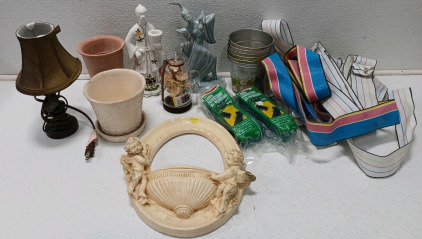 (1) Small Table Lamp (1) Vintage Roselane Pottery Woman (1) Vintage Angel Cherub Wall Pocket Decoration Assorted Lawn Furniture Re-Webbing & More