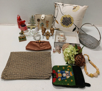 (1) Liquid Shoe Diva Beverage Holder (1) Jeweled Bag w/Hard Bottom (1) Satin Wallet (1) Decorative Pillow (6) Placemates & More