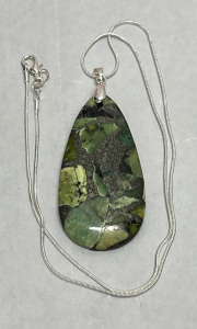 98ct. Green Sea Sediment Jasper Teardrop Pendant W/ Silver .925 Necklace