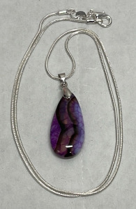 20.95ct. Purple Black Druzy Geode Dragon Veins Agate Teardrop Pendant W/ Silver .925 Necklace
