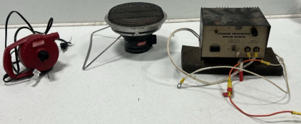 NPC Electronics power inverter, Coleman Propane catalytic heater, Coleman air mattress pump