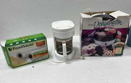 (1) Mr. Coffee Food Dehydrator (1) Generic Coffee Maker (1) Food Saver vacuum sealer bags