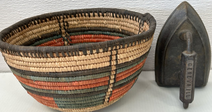 Vintage Sad Iron & Woven Basket