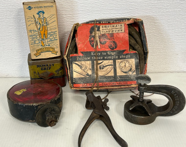Vintage Tire Repair Kit, Match Box, Monkey Grip Patches, Saw Tooth Setter Pliers, Tail Light & Vulcanizer Patch Clamp