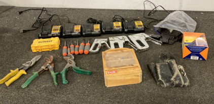 Dewalt Battery Chargers, Metal Hinges, Drill Bits, Smart Light Light Switch, Tool Belt, Tin Snips, Screwdrivers, Staple Guns, Ryobi Bits, Lots Of Miscellaneous Parts And Tools