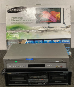 Samsung Finger Slim LED TV (Not Tested) Samsung DVD/VCR Combo (Turns On), Onkyo Stereo Cassette Deck (Turns On), VHS Tapes