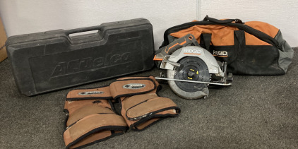 Ridgid Saw (Not Tested), Ridgid Bag, Crain Comfort Knees, AC Delco Case