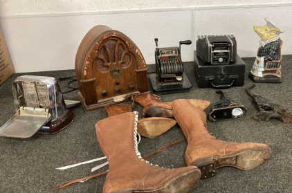 Pony Riveter Press Punch Tool, Hedman Company F&E Check Protector Check Writer, Stenotype Stenograph Machine With Case, Kwik Way 249 Toaster, Cast Iron Decorative Pig, Boots, Edgar Radio (Works)