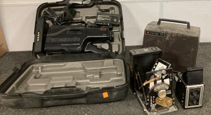 Dual 8 MM Projector, Panasonic OmniMovie VHS Camcorder (Not Tested), Spartus Full-Vue Camera, N&G Baby Sibyl Camera