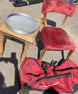 Accent Chair, Side Table, Nike Duffle Bag, Tin Trays