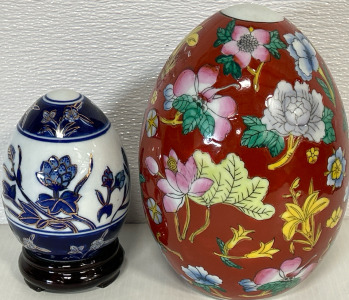 Vintage Blue & White Ceramic Egg w/ Stand & Red Floral Ceramic Egg