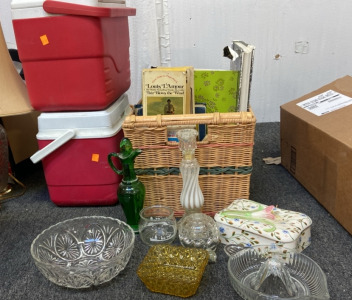 Coolers , Books And Assorted Glassware. BB16