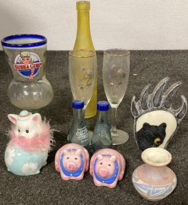 (2) Wine Glasses, Clearly Canadian Salt & Pepper Shakers, Pig Salt & Pepper Shakers And More!!!