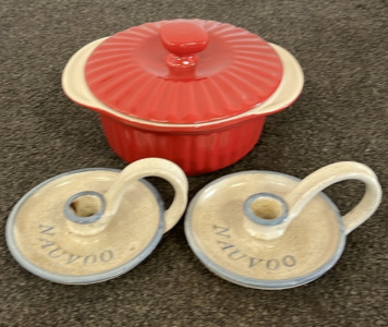 7&rdquo; Stoneware Dish With Lid, 2 Nauvoo Candle Holders
