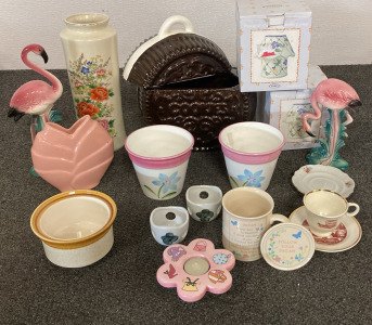 Glassware! Oreo Cookie Jar, (2) Pansy 4” Ceramic Candle Lamps, (2) Flower Pots, (2) Vases, (2) Flamingo Figures, Utah Tea Cup And Plate, Mikasa Temperature Safe Soup Bowl, Follow Your Dreams Cup And More