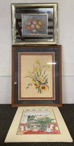 Floral Wall Decor- 25”X20” Framed Painting of Bouquet, Mirror With Floral Print Inside, and Floral Picture