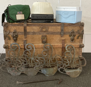 Antique Trunk, Metal Art, Crowbar, Fanny Pack, Suege Protector (Turns On), Coleman Cooler, Lamp