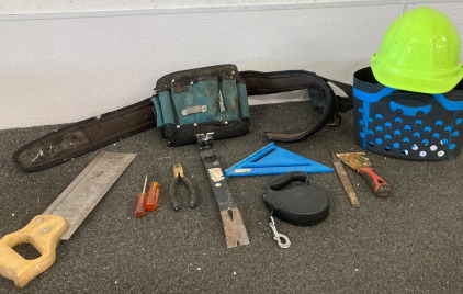 Tool Belt, Hard Hat, Saw, Screwdrivers, Pliers, Crowbar, Metal File, Pet Leash, Storage Containers