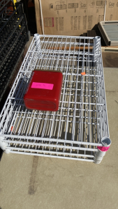 White wire shelving w/ inserts