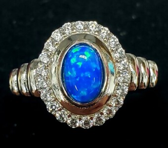 $120 Silver Created Opal And Cz Ring