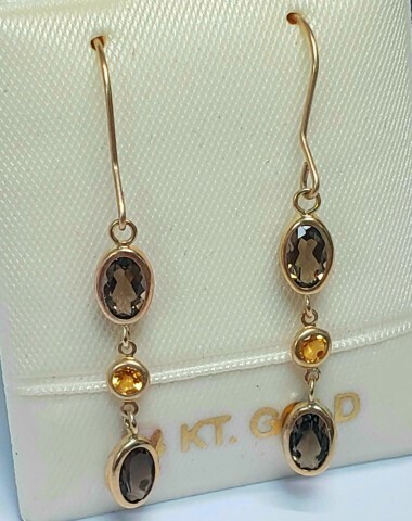 $600 14K Smokey Quartz And Citrine Earrings