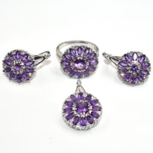 Silver Certified Amethyst(12.65ct) Pendant Ring Earring Set