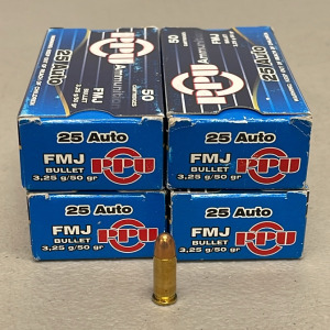 (200) Rounds PPU 25 Auto 50 Grain Ammunition Cartridges