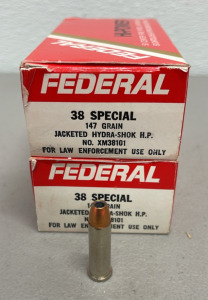 (100) Rounds Of Federal 38 Special 147 Grain Jacketed Hydra-Shock H.P. Ammunition Cartridges