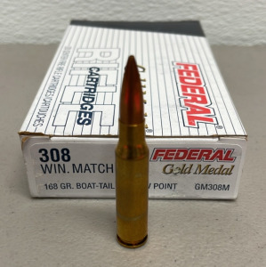 (20) Federal Gold Medal 308 Win. Caliber 168 Grain Boat-Tail Hollow Point Ammunition Cartridges