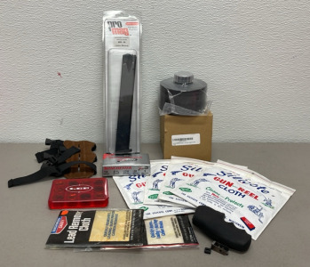 (1) Pro Mag Browning Hi-Power 9mm 32 Round Magazine, (1) Certified CBRN Gas Mask Filter, (1) Box Winchester 12 Gauge 2-3/4” 00 Buck Shotgun Shells, (4) Silicote Gun And Reel Cloths, (2) Birchwood Casey Lead Remover Cloths, (1) Pistol Grip, (1) Bow Wrist P