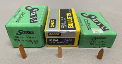 (100) 30 Caliber .308 Diameter 220 Grain Round Nose Bullets For Reloading, (100) 30 Caliber .308 Mag Tip 150 Grain Bullets For Reloading, (100) 30 Caliber .308 Diameter 125 Grain Spitzer Bullets For Reloading